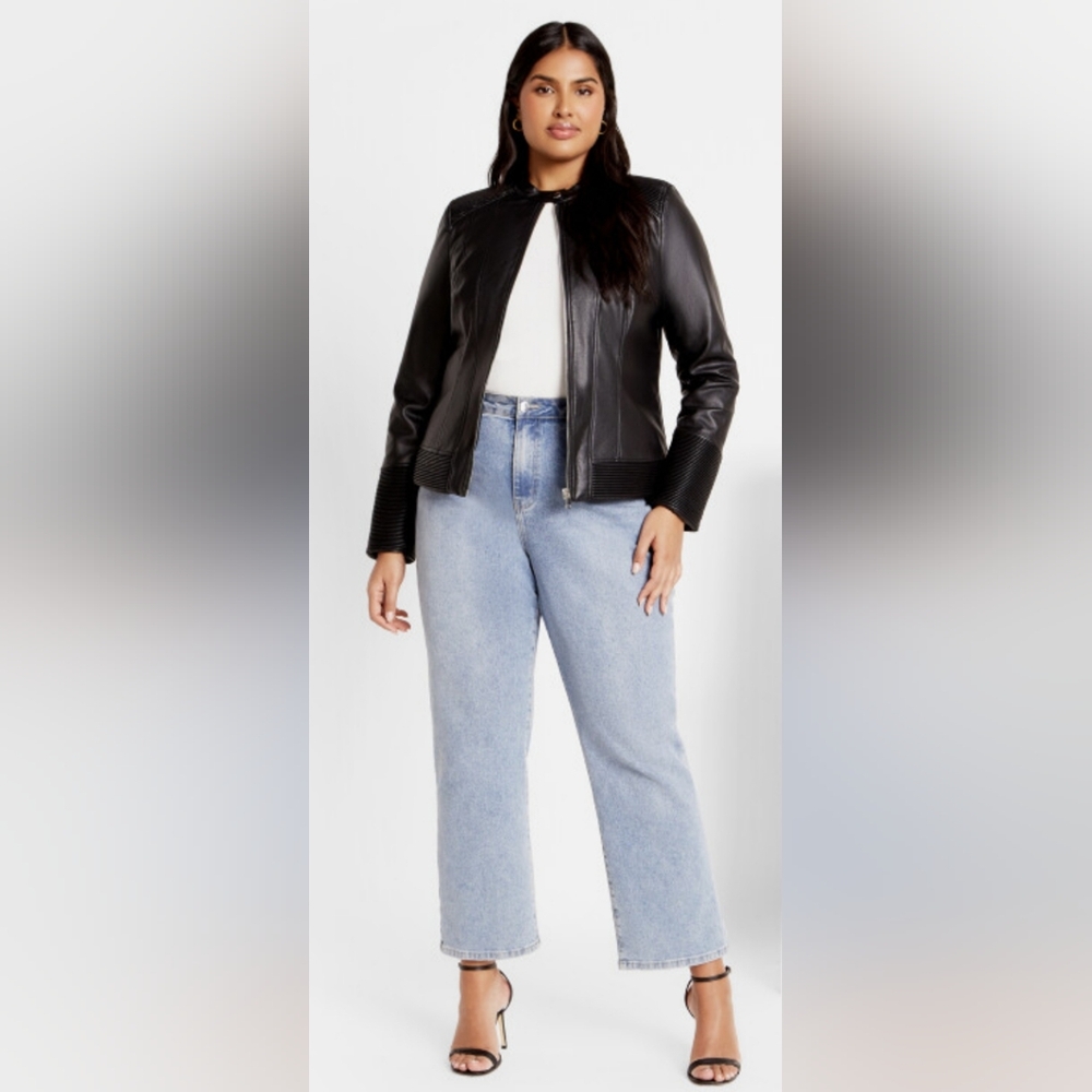 City Chic NWT Black Ribbed Moto Jacket Size 24 - Picture 3 of 5